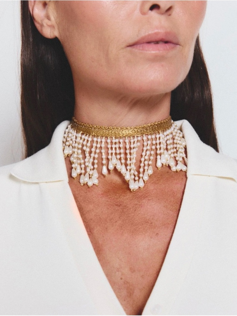 Sach Atelier (Made in Spain) Gold and Pearl Fringe Choker Necklace